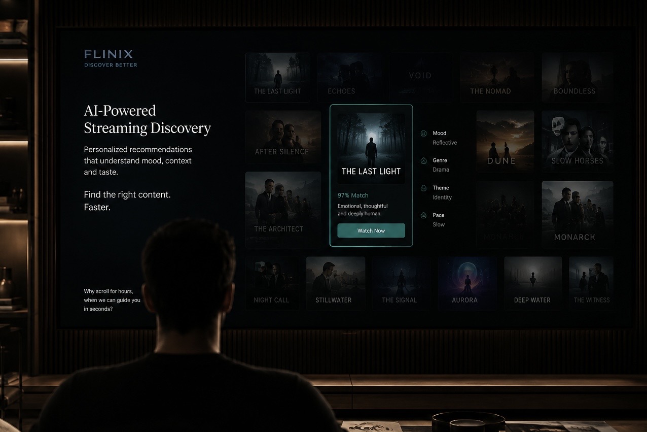 FLINIX — Discover Better. A viewer illuminated by a cinematic AI-powered streaming interface showing personalized recommendations across dozens of titles.