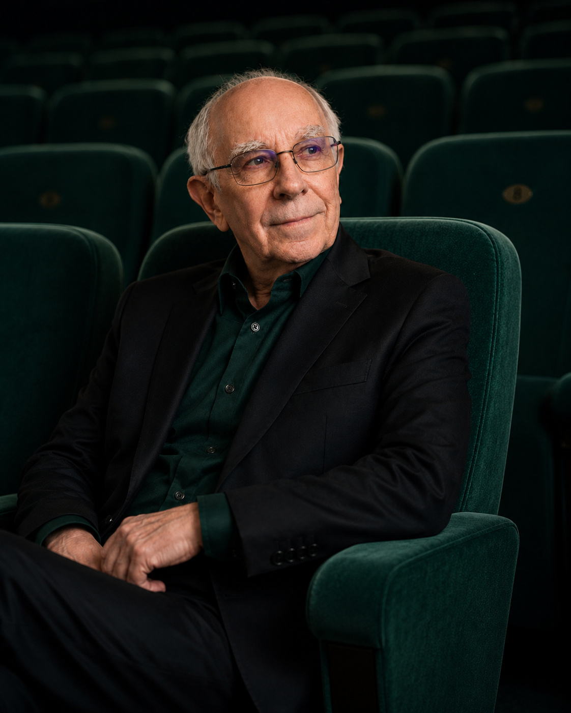Portrait of John Shaw seated in a theatre with deep green velvet seats