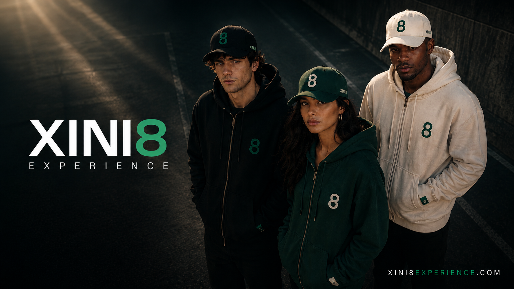 XINI8 Experience campaign image — three creators in black, green and cream XINI8 Experience hoodies and caps on wet asphalt, beside the XINI8 EXPERIENCE wordmark.