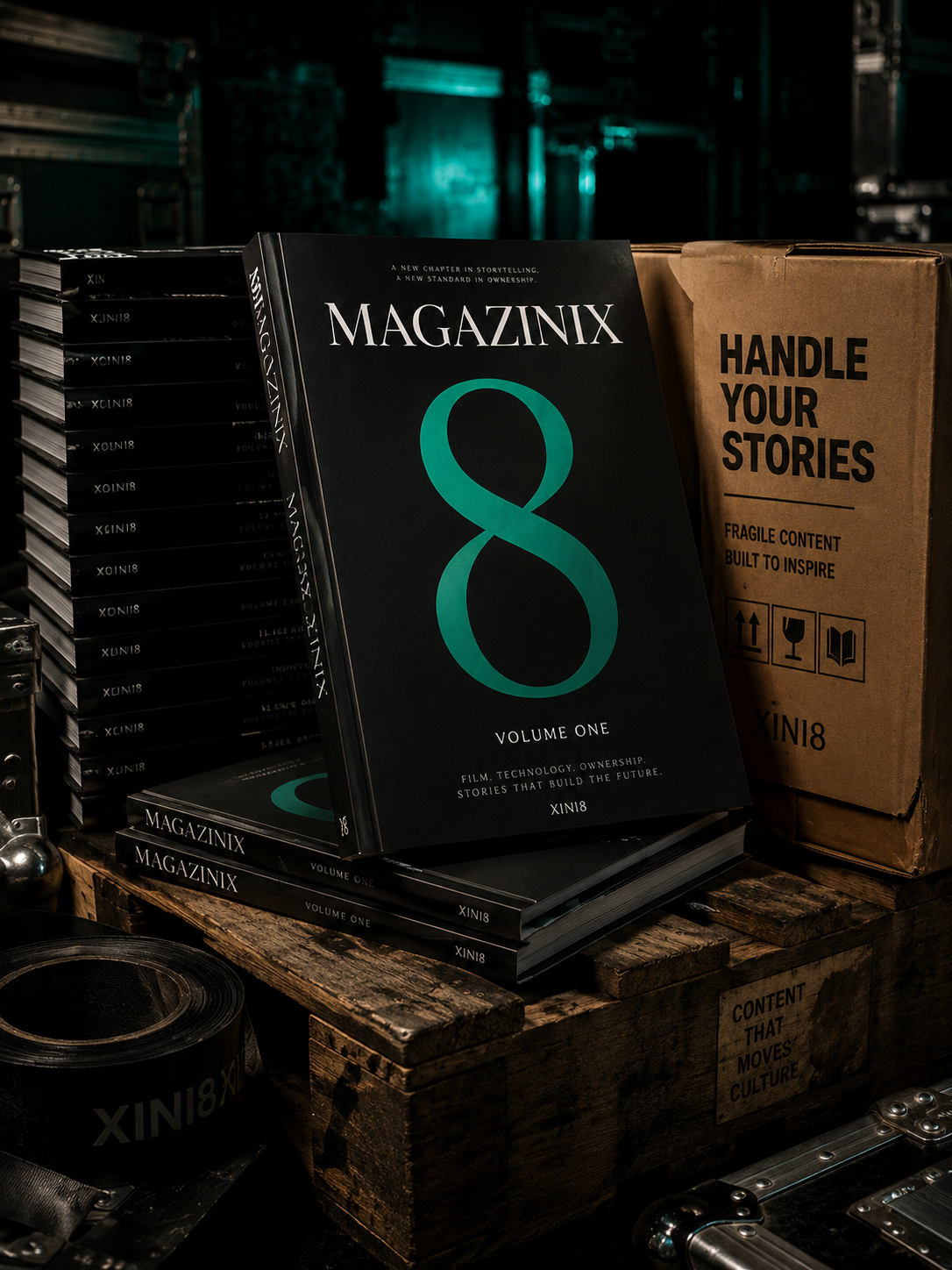 MAGAZINIX Volume 1 — hardcover print edition on a warm limestone surface