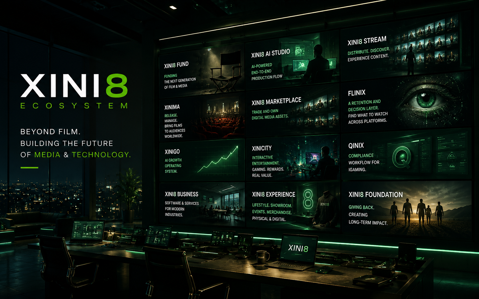 XINI8 Ecosystem key visual — a dark control room with an illuminated wall of green-lit panels naming XINI8 Fund, AI Studio, Stream, XINIMA, Marketplace, FLINIX, XINIGO, XINICITY, QINIX, XINI8 Business, XINI8 Experience and XINI8 Foundation, beside the line 'Beyond film. Building the future of media & technology.'